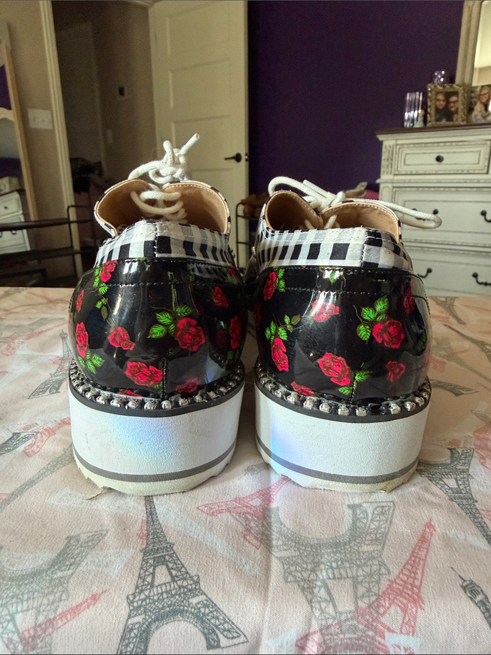 Betsey Johnson Black & White Gingham Flats with Pink Heart Accent - Picture 3 of 6